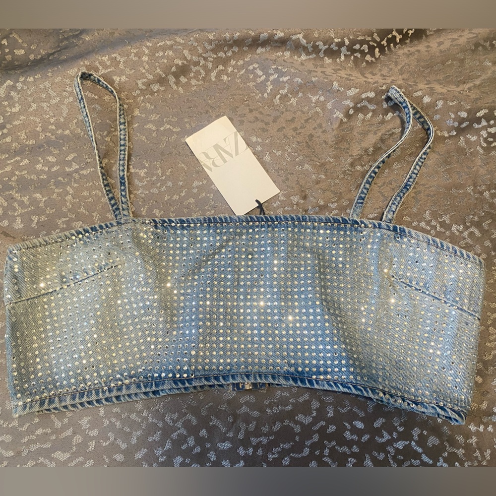 I’m selling a denim, diamond embellished, crop top Zara brand